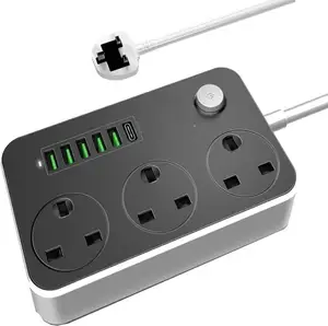 Power Strip with USB Port 3-Way Socket 6 USB Port Socket Power Socket with 2M Bold Extension Cord Surge Protector Plug