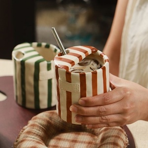 Striped Travel <strong>Mug</strong> Handmade Ceramic to Go Hand Painted Tumbler <strong>Coffee</strong> Cup Sip <strong>Mug</strong> Mother's Day Gift for Her - Product Image 2
