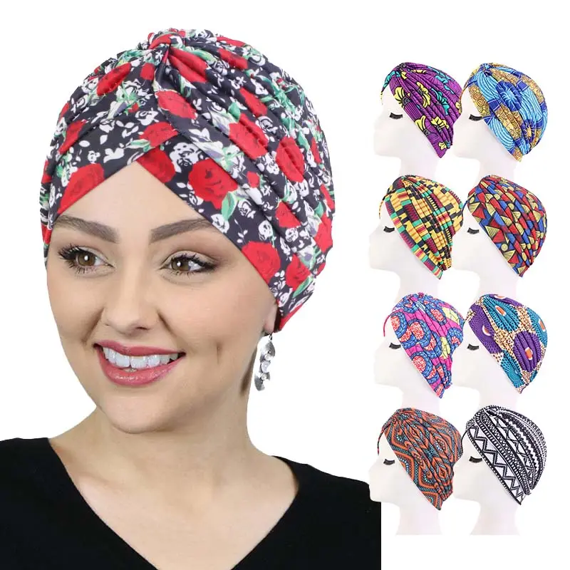 Turbante de estilo hijab para mujer, turbante con estampado de flores, turbantes, gorro indio, estampado africano, venta al por mayor