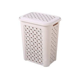 Plastic Rattan Laundry Basket With Lid Rectangle White Off White Lightweight Clothing Organizer Storage Basket For Dirty Clothes - Product Image 5