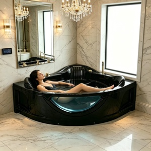 Baignoire d'angle autoportante en acrylique noir et or, grande capacité, avec fonction jacuzzi, hydromassage et spa - Product Image 1