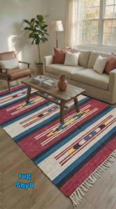 Multicolor Tribal Stripe Cotton <b>Rug</b> 5x8 Handmade Carpet with Tassels <b>Boho</b> Floor Mat Living Room Decor - Product Image 2