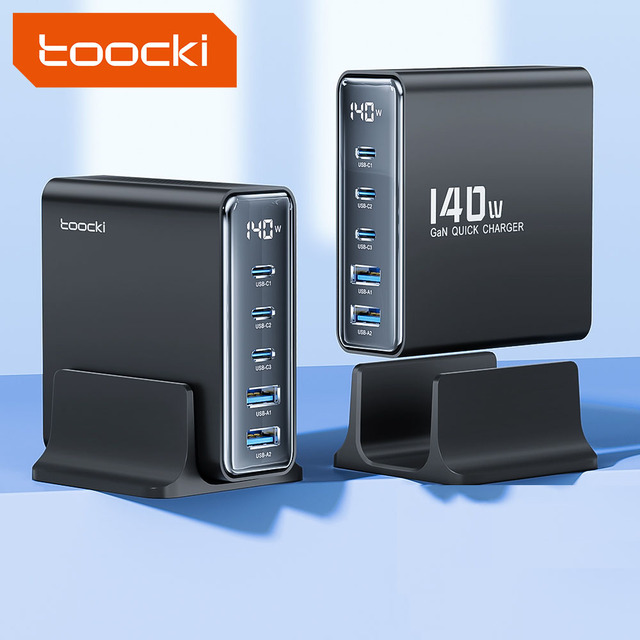 Toocki 140W GaN Desktop Charger 5 PortsFast Charging Station 3USB-C 2USB-A with KC for Laptop Phone Multi-Device Charging