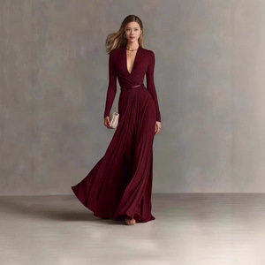 Robe élégante pour femme à manches longues, couleur unie texturée, col en V, taille haute, Nouvelle collection Printemps-Automne 2026, pour le marché transfrontalier Europe-États-<span class=keywords><strong>Unis</strong></span> - Product Image 3