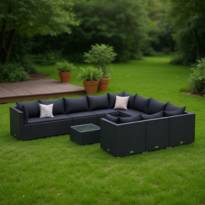 Ensemble de canapés de patio en rotin noir avec structure en acier thermolaqué pour la décoration de jardin, mobilier d'extérieur, capacité de 10 personnes et plus - Product Image 2
