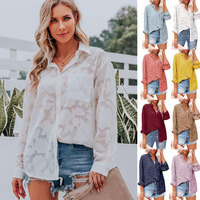 Chemises blanches à manches longues en maille transparente pour femmes, streetwear, chemise boutonnée en jacquard fleuri, chemisier oversize pour femmes