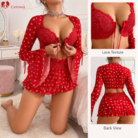 Ensemble de lingerie en dentelle rouge pour femmes, imprimé cœur de la Saint-Valentin, manches longues, sexy, romantique, pour une soirée intime