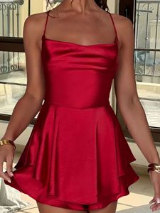 Satin soie femmes Sexy Cami combishorts robe solide col bénitier sans manches combinaisons courtes été croix cravate dos nu barboteuse - Product Image 3