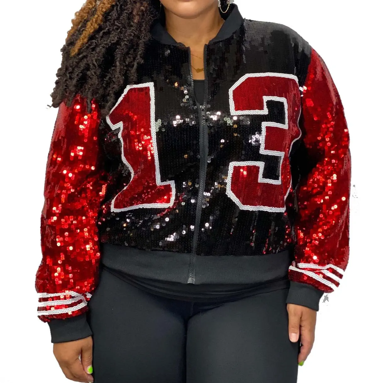 New Hip Hop Delta Sigma Short Sleeve Red Black 13 letter Casual Sequin Bling Women Number 13 Sequin Jersey Sequin jacket jumper