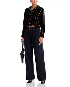 Chemise en velours <span class=keywords><strong>noir</strong></span> de luxe pour femmes, à rayures dorées en lurex, boutonnée, courte, pour soirée décontractée ou cocktail - Product Image 3