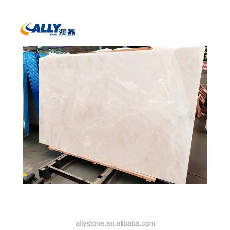 Customized Translucent White Lighting Snow Pure White Onyx Slabs Fen di White With Glass Panel Backing