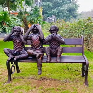 حديقة الديكور النحاس قرد النحت الجلوس على مقعد البرونز ثلاثة قرد تماثيل