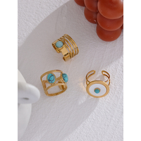 JINYOU 023 Vente en gros Bague ouverte réglable en acier inoxydable avec pierre de coquillage géométrique et turquoise, plaqué or véritable, pour femme, collection été