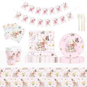 DAMAI Fournitures de fête de Pâques, assiettes en papier, gobelets, serviettes, lapin rose et fleurs printanières, vaisselle de fête pour 8 invités - Product Image 3