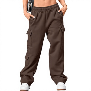 Pantalones Cargo Marrones para Mujer, Corte Holgado, Cintura Elástica, Color Sólido, Largos, Casuales, con Bolsillos, Estilo Otoñal - Product Image 3