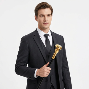 Handmade Black Wooden Walking Stick with Polished Brass Handle & Elegant Inlays - Product Image 1