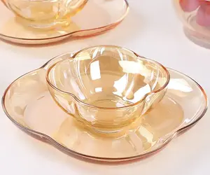 Wholesale Customization Factory Price Golden Amber Heat-resistant Set 6 Glass Bowls And Plate Petal Bowl Water Cup Set Gift
