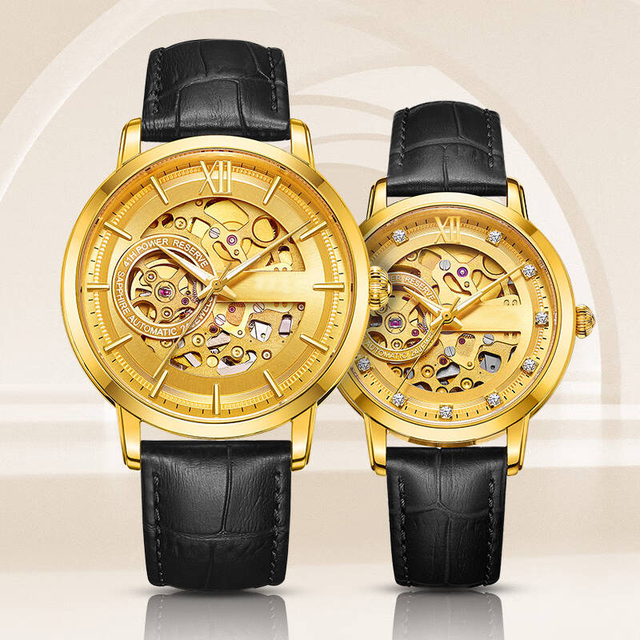 Chinese 3D 18k 24k Gold Watch Dial Tourbillon Couple Hollowed Out Gold Automatic Mechanical Leather Watch