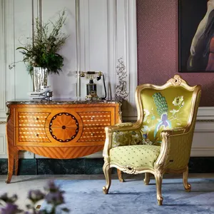 luxury classic solid wood frame gold foil design silk fabric design living room chairs