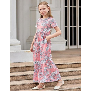 Robe longue décontractée à fleurs pour enfants plus âgés, manches courtes, col rond, avec poches latérales, coupe ample en A, robe d'été pour les vacances - Product Image 2