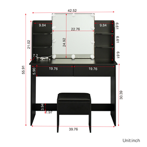Stok di AS Set kamar tidur hitam 4 rak terbuka cermin rias dengan lampu Led meja rias 2 laci meja rias kayu Modern - Product Image 5