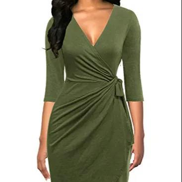 2021 Ladies Office Dress Women Solid Color Zipper V-neck Half Sleeve Silm Buckle Pencil Dress with Belt Career Wear