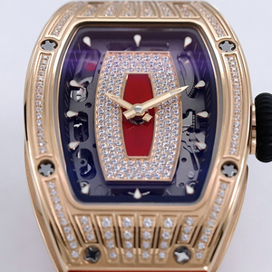 Ladies' rose gold diamond-<b>set</b> automatic mechanical <b>watch</b> with red lip design and red rubber strap. - Product Image 3