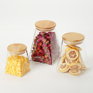 Tarro de cristal transparente con base cónica al por mayor, 350ml, 550ml, 750ml, 950ml, recipiente de cristal para granos, frutos secos y especias con tapa de bambú - Product Image 3