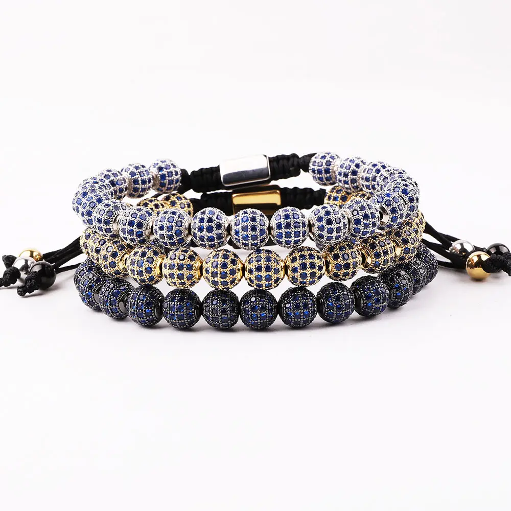New Design Iced Out Luxury Bangle Blue CZ Crystal Pave Ball Men Women Jewelry Beads Custom Logo Macrame Adjustable Bracelet