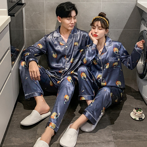 Venta al por mayor Piyamas Unisex Pijamas de manga larga Pijamas de seda de imitación Hombre Homewear Mujeres Pareja <span class=keywords><strong>Pijama</strong></span> Conjunto de dos piezas - Product Image 6