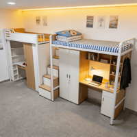 Lit mezzanine en métal simple avec bureau et armoire, gain de place, pour dortoir étudiant, hôtel, chambre commerciale moderne, avec escalier robuste