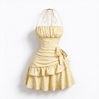 Gaun Mini Wanita Formal Vintage Musim Semi Gugur Motif Kotak-kotak Kuning dengan Pita di Leher, Aksen Kerut di Bagian Atas, Ikat Samping, dan Rok Berlapis Ruffle