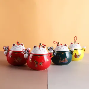 4色幸运猫陶瓷糖碗带盖可爱家用二手储物罐咖啡茶陶瓷罐