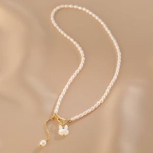 Collier en perles d'eau douce naturelles avec pendentif lapin sculpté, style mère millet, chaîne de clavicule pour femmes, pendentifs et breloques - Product Image 3