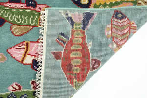Alfombra Turca Oushak Moderna Hecha a Mano con Diseño de Peces, Decoración Náutica para Habitación Infantil, Detalles en Azul Agua - Product Image 3