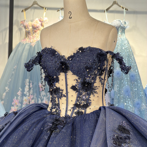 ชุดเดรสงาน Quinceanera รุ่น Dy20259 แบบเปิดไหล่ทรงบอลกาวน์ ผ้าชีฟองประดับappliqué สีน้ำเงินกรมท่า สำหรับสาวๆ สไตล์เจ้าหญิง ชุดราตรีออกงาน - Product Image 5