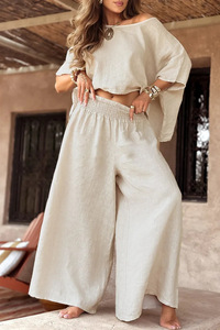 Damen Casual Vacation Style Sommer kragen Short Top High Waist Loose Pants 2-teiliges Set - Product Image 6