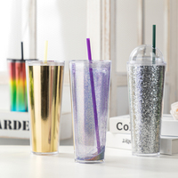 Pour LOKYO 16oz & 24oz tasse de paille en plastique à double paroi avec couvercles tasse de voyage réutilisable à bulles de thé et de café à paillettes en gros