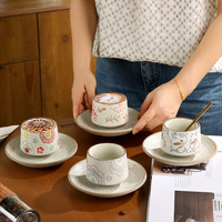 Ensemble tasse et soucoupe à café en céramique japonaise 200 ml, motif floral peint à la main (Pivoine, Fleur de cerisier, Glycine), 7,3 cm, compatible micro-ondes