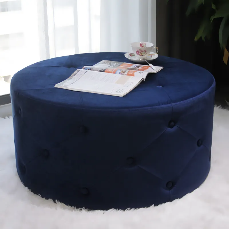 Personalizar todo barato moderno tapicería taburete azul de tela de terciopelo de pelo insertado ronda PUF chesterfield otomano silla