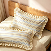 Housse de coussin rétro mi-siècle moderne à rayures 100% coton jaune bleu marron avec bord festonné ambiance nostalgique