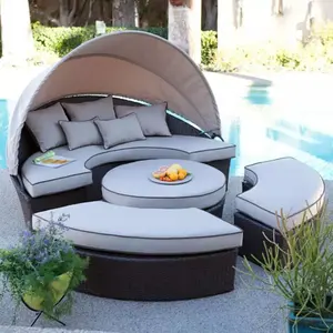 现代户外家具藤条日床太阳圆形户外休息室，带篷躺椅防水铝框架