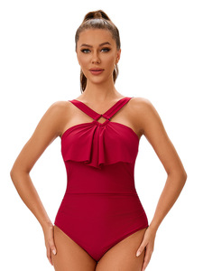 Stylish European American Women's Plus Size Fitness <b>Swimwear</b> One-Piece <b>Beachwear</b> Sexy Back Cut-Out Solid Pattern Color Block - Product Image 2