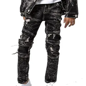 Модные стильные байкерские синие и черные детские джинсовые байкерские джинсы отбеливателя