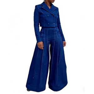 Conjunto de 2 Piezas de Moda Profesional para Mujer, Blusa con Cuello de Traje y Pantalones Anchos de Mezclilla - Product Image 2