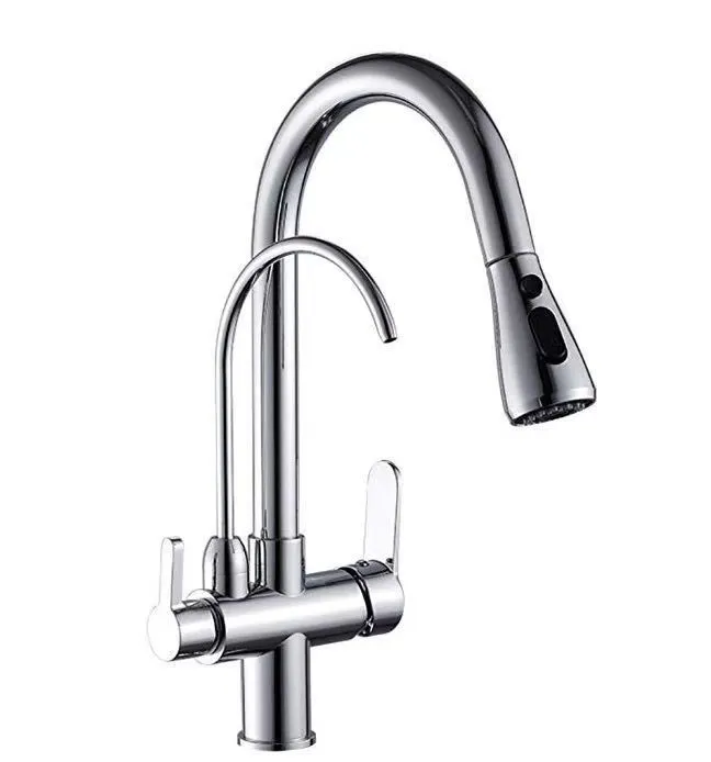 Dual handle 3 way water filter kitchen faucet pull down drinking water faucet brass chrome water purifier taps