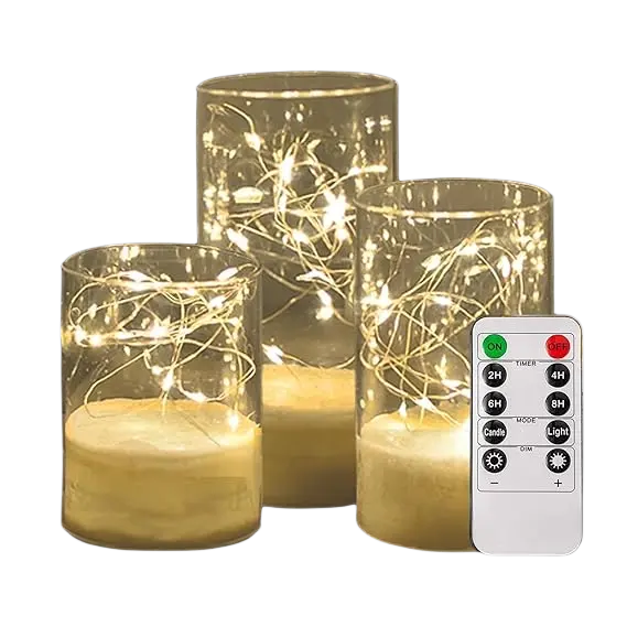 Juego de 3 velas de luz de hadas de cristal dorado con velas Led sin llama operadas por batería remota para boda, fiesta, decoración