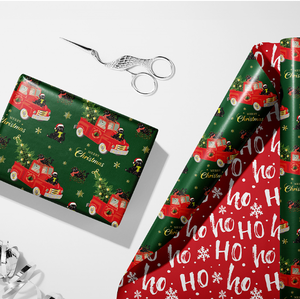 Papel de Regalo Navideño Dorado y Verde con Diseño de Árbol de Navidad, Camión y Gato, Doble Cara, Estilo Moderno, 26 Unidades - Product Image 2