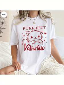 Purr-Fect Valentine T-shirt imprimé chat pour femmes et hommes, manches courtes, blanc, décontracté, col rond, printemps-été - Product Image 3