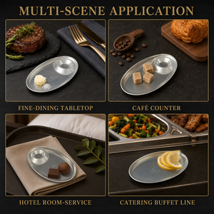 Plateau de service ovale divisé en acier inoxydable 304 poli, avec compartiment à sauce, style moderne et minimaliste, pour snacks et trempettes, idéal pour hôtels, buffets et traiteurs - Product Image 5